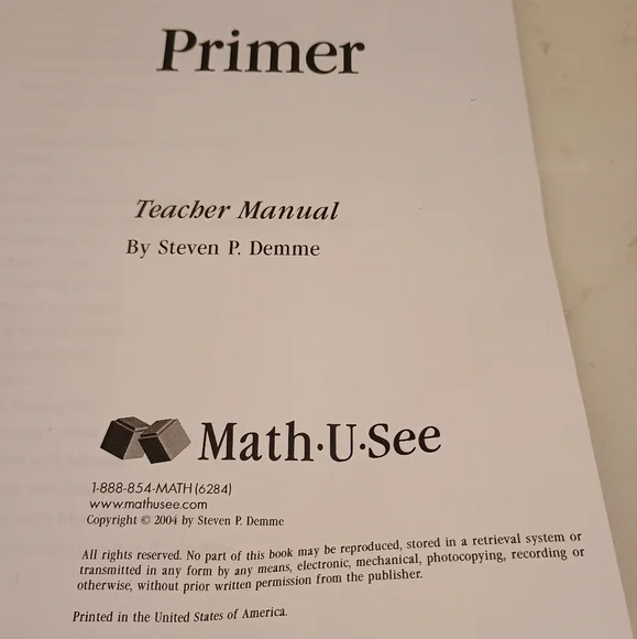 Math-U-See Primer Teacher Manual, Never Used - Picture 2 of 2